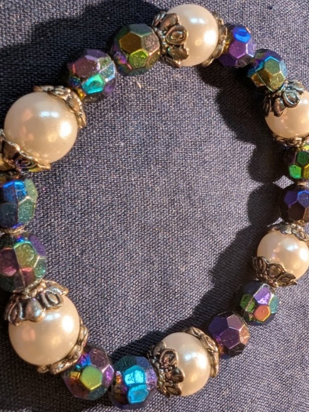 Vintage Iridescent Aurora Borealis Crystal & Faux Pearl Stretch Bracelet - Boho